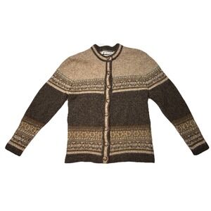 Vintage Crystal Kobe 100% Shetland Wool Cardigan Sweater Brown Nordic Button